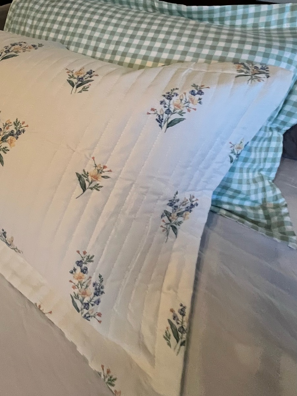 2 King Size Floral Quilted Pillow Shams in Cream and Green- Gingham